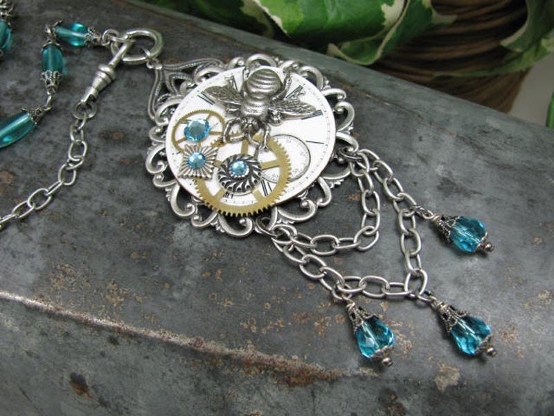 Steampunk Inspired Upcycled Necklace - Antique Silver, Porcelain Watchface, Aqua Beadwork, Watch Gears