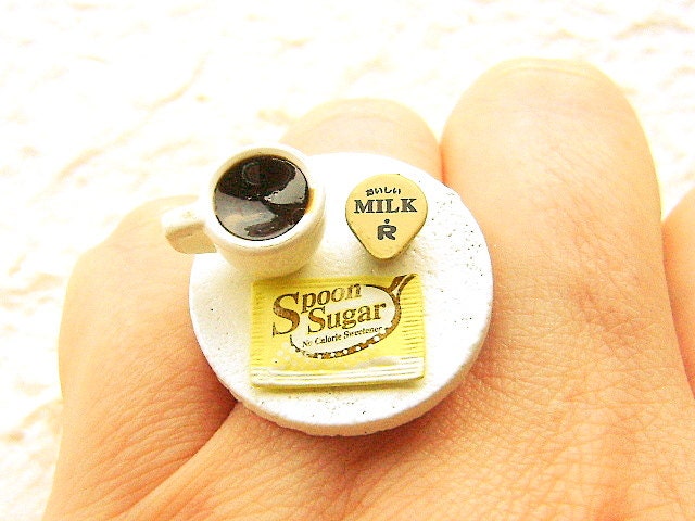 Miniature Food Ring Coffee With Milk And Sugar Kawaii  Food Jewelry