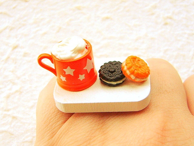 Cute Food Ring Hot Chocolate Cookies Miniature Food Jewelry