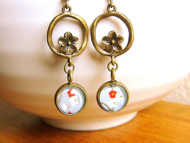 Plum Blossom Earrings Traditional Japanese Chiyogami Paper Earrings Flower Blue