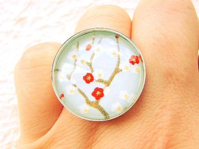 Plum Blossom Ring Yuzen Washi Japanese Chiyogami Paper Ring Domed Glass