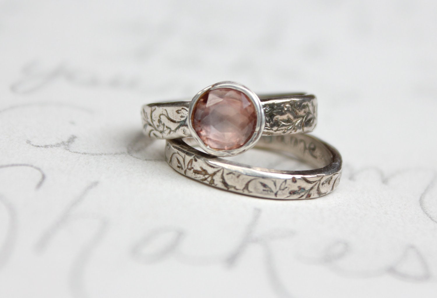 sapphire engagement ring wedding band set. blush pink engagement ring . wuthering heights quote engraved ring set . unique engagement ring