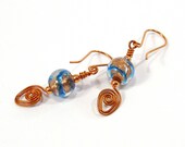 Teal Blue Earrings, Copper Spirals, Artisan Jewellery