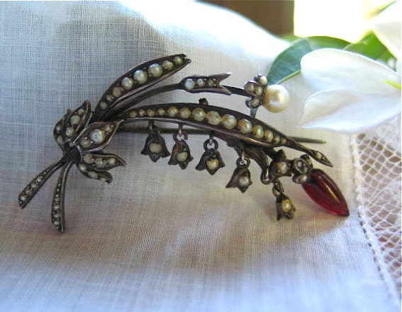 Antique Brooch Silver Ruby Pearl Georgian Era Tremblant 1780's