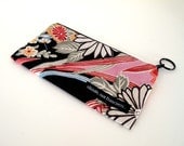 Coin Purse, eye glass case, smart phone case, mini make up case. "Japanese Print" fabric. Pink, blue, black, kimono pattern. Made in USA.