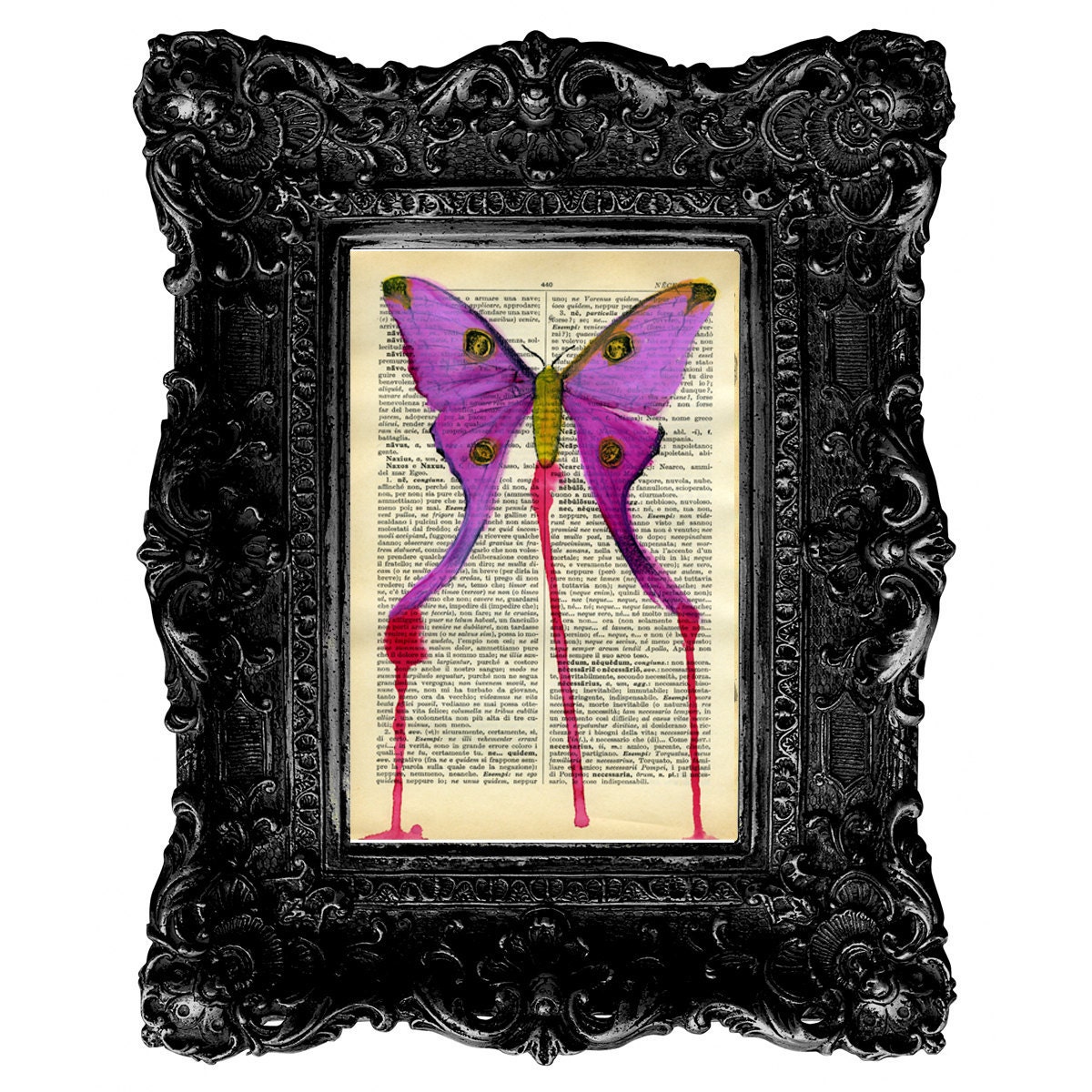 butterfly watercolor Hand Painting mixedmedia on page of antique Italian vocabulary of the early 1900's unique artwork
