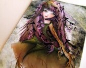 ACEO/ATC Mini Fine Art Print "Roots" Artist Trading Card 2.5x3.5 - Fantasy Art Illustration Purple Woodland Nymph Fairy Pixie