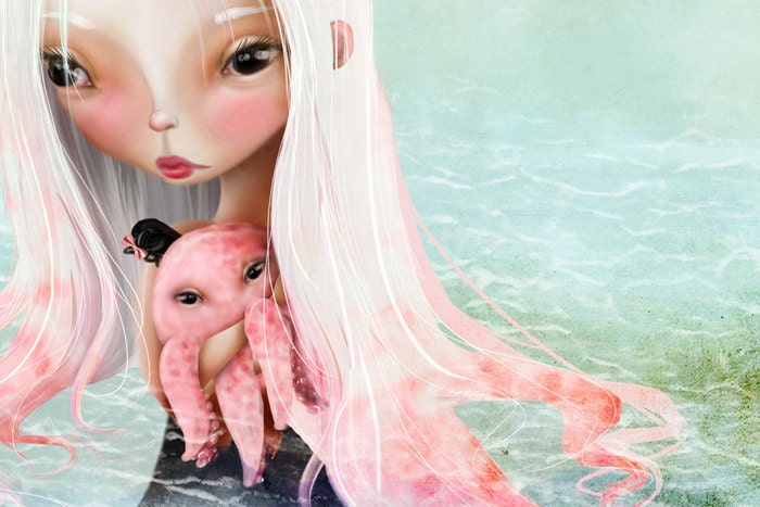 5x7 Small Sized Fine Art Print - "A Friend for the Journey" - Cute Little girl with pet octopus - Artwork by Jessica Grundy