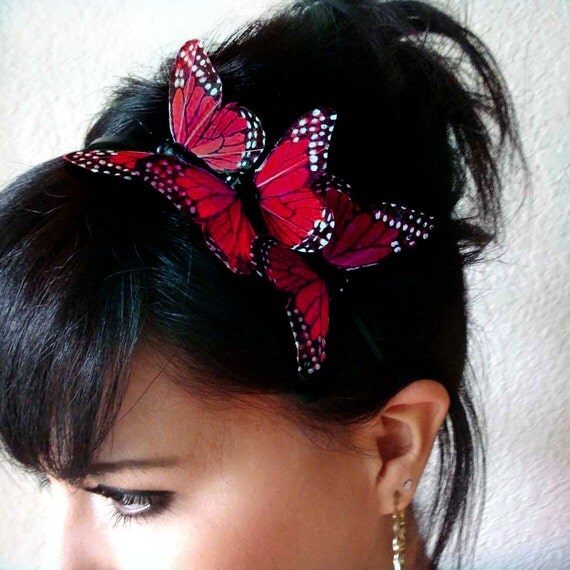 ROSIE - three red butterflies headband  - bohemian hair accessory