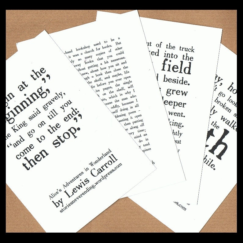 BOOKISH QUOTATIONS - 4 x flat notecards / postcards - Lewis Carroll, Ali Smith, Andrew Kaufman & John Burnside