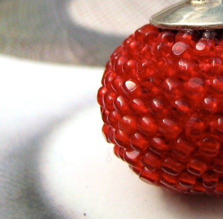 crocheted earrings red glass beads and sterling silver