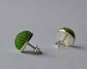 silver ear studs post earrings green beaded half spheres spring jewelry