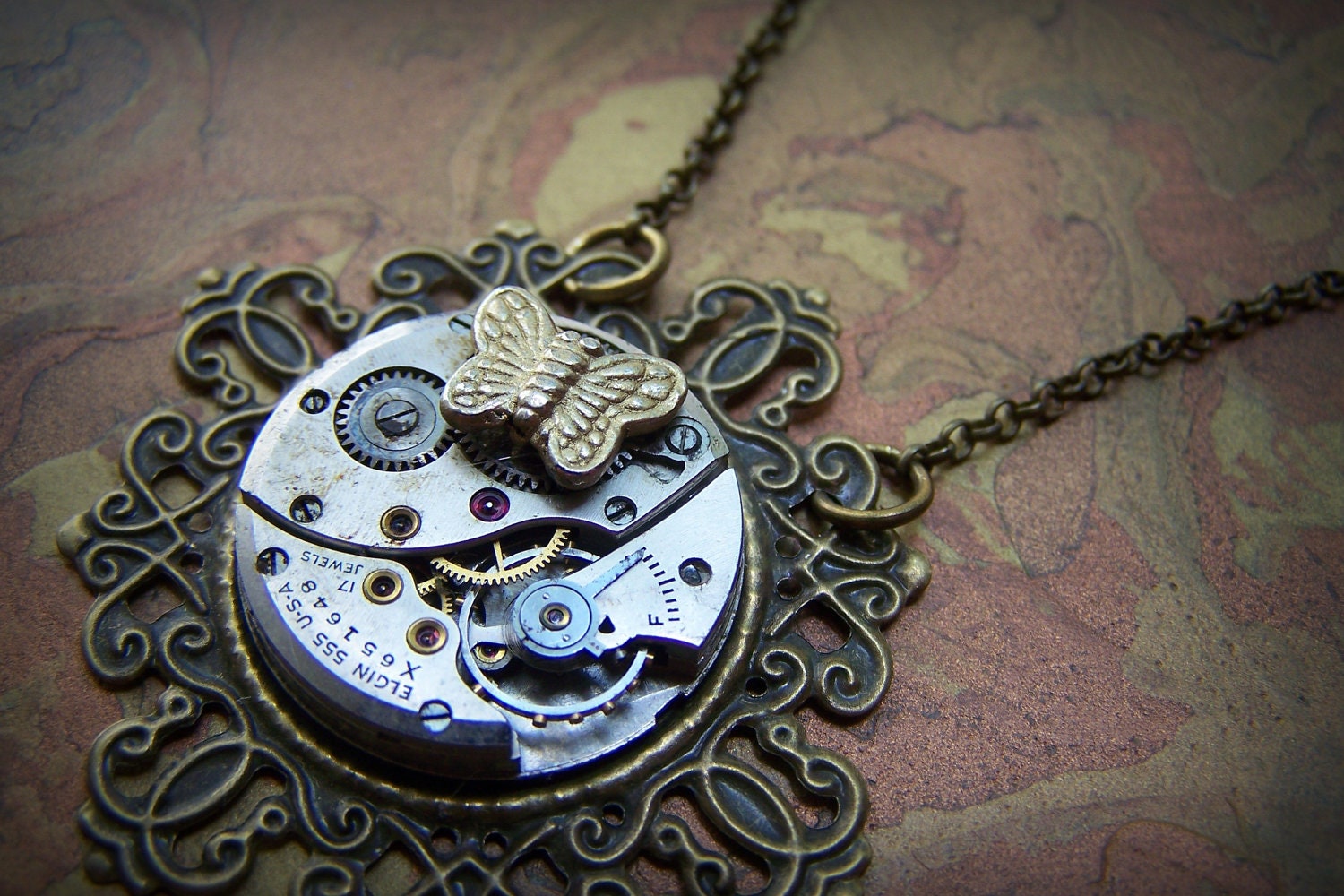Steampunk Necklace Butterfly Clockworks Brass Filigree