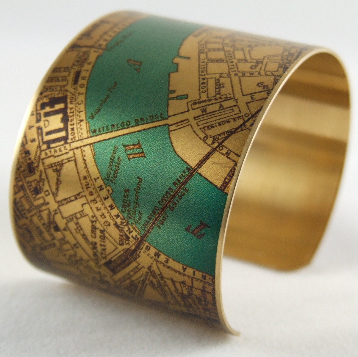 London Map Jewelry - Antique Street Map with the River Thames and London Bridge - Brass Cuff Bracelet