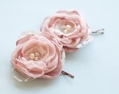 Pink hair flowers, pair of bobby pins in dusty pink, bridal rhinestones and pearls
