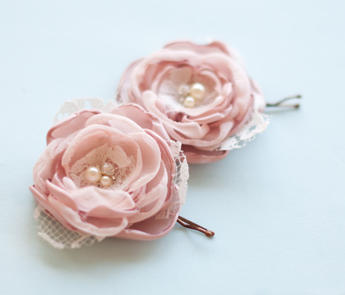 Pink hair flowers, pair of bobby pins in dusty pink, bridal rhinestones and pearls