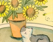 Original ACEO Painting -- Cat & yellow flowers