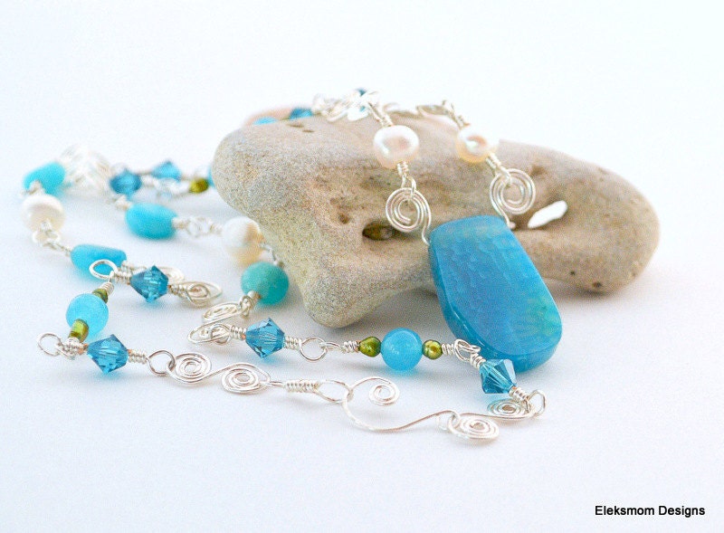 Ocean blue Agate Freshwater Pearl  Swarovski Crystal necklace.