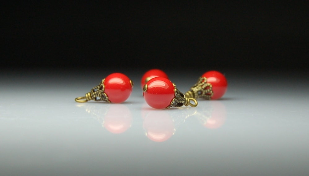 Vintage Style Bead Dangles Coral Red Swarovski Crystal Pearls Set of Four R129