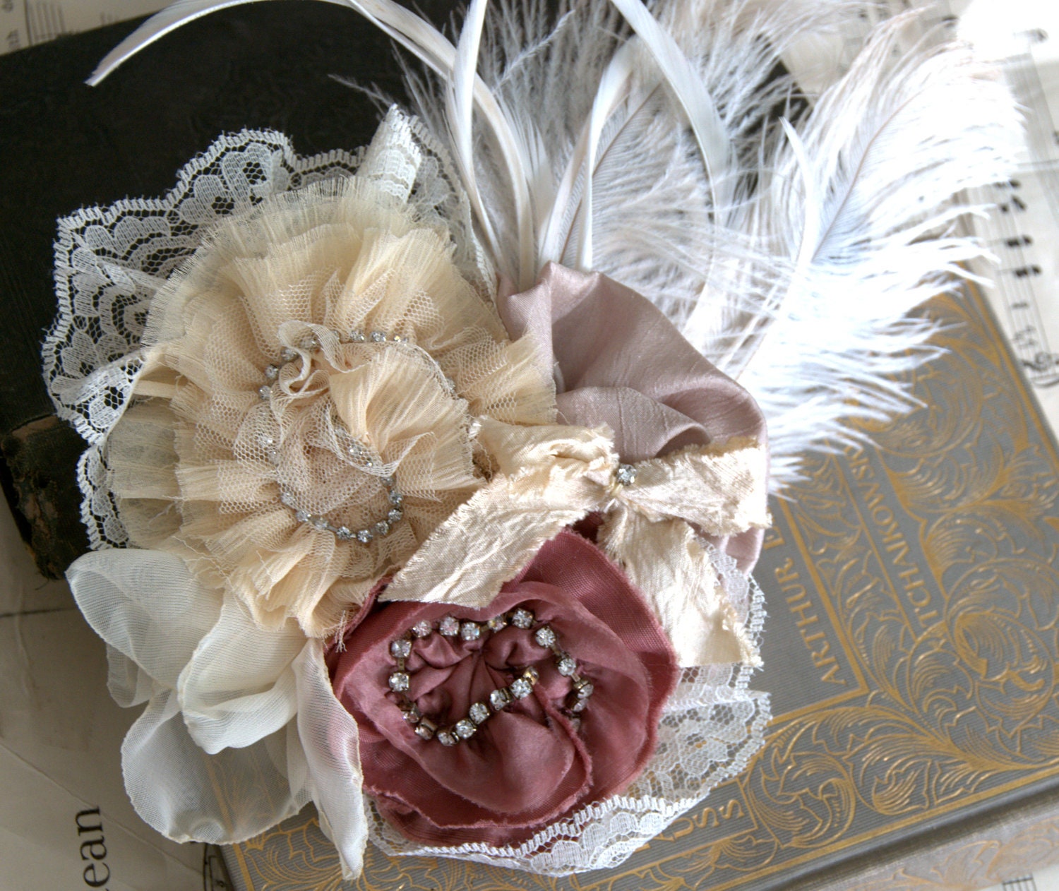 Zoe - Rhinestone Lace Chiffon Feather Hair Clip