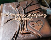 Leather wedding guest book Tree of life 10 1/2 x 7 1/2 with heart and initials EMS express shipping included