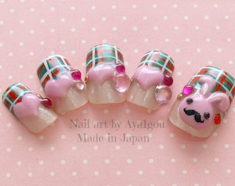 3D nails, kawaii nails, bunny, mustache, plaid, Japanese nails