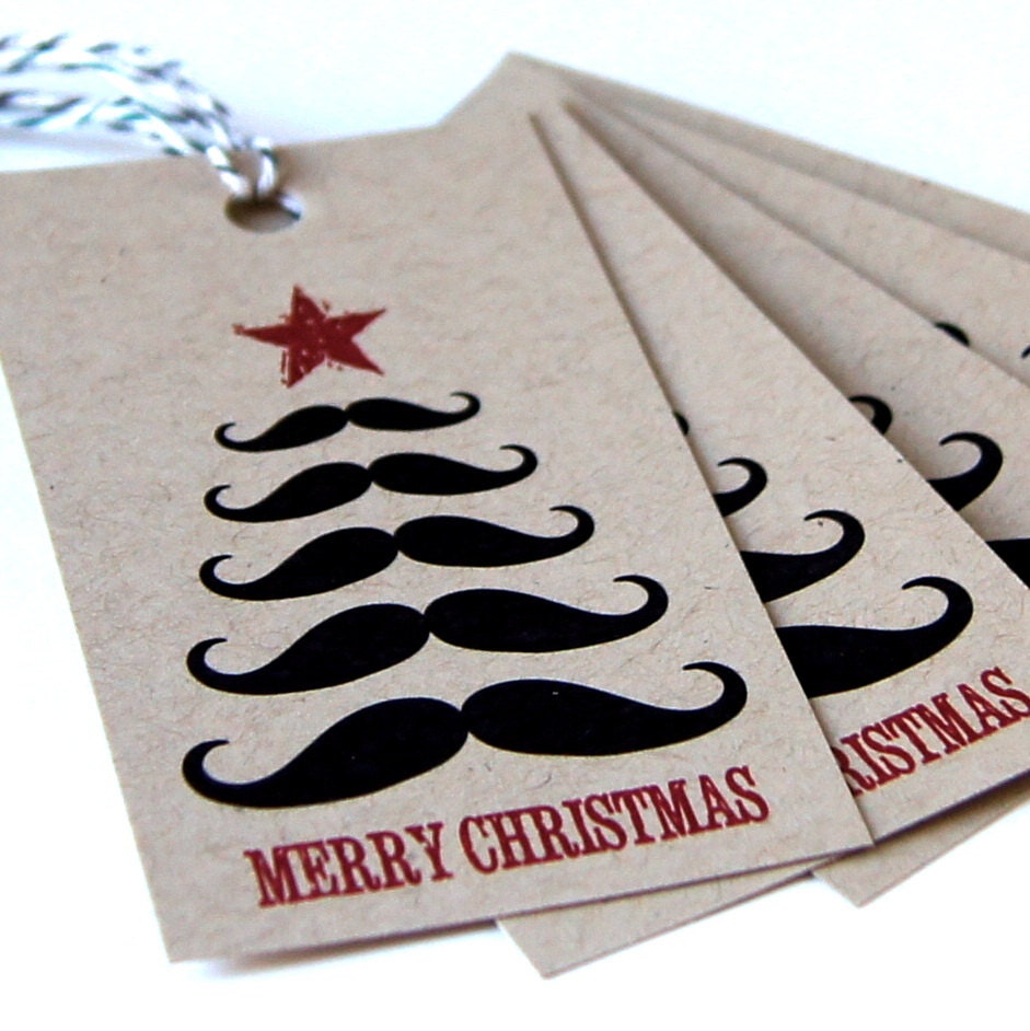 Mustache Tree Merry Christmas Tags or Package Labels on KRAFT (Qty. 10)