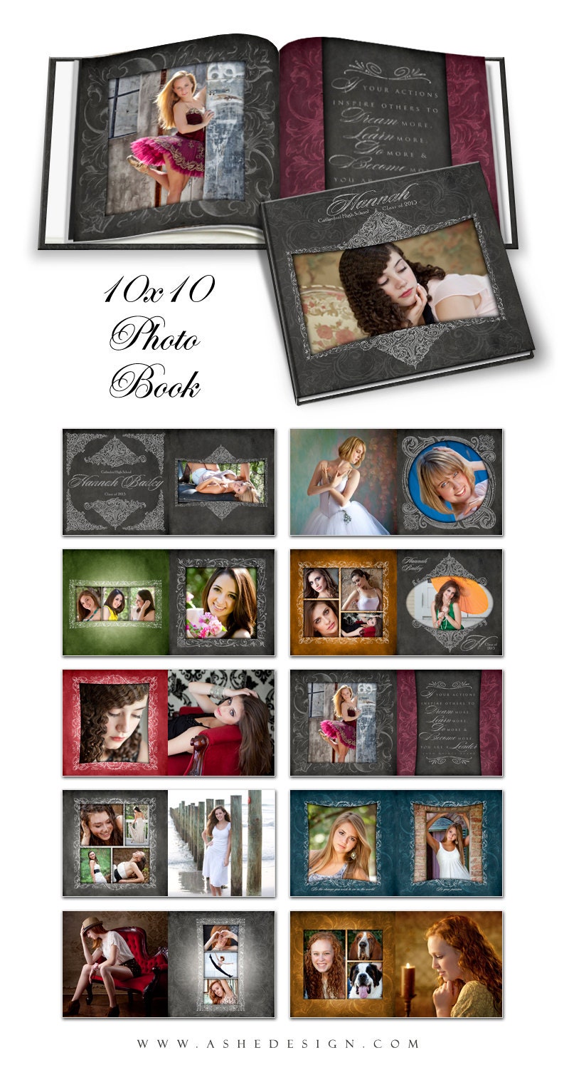 Photo Book - CHALKBOARD Senior Girl -  Photoshop Templates for Photographers. 10x10 Square Photo Book - 20 Pages Plus Cover Design
