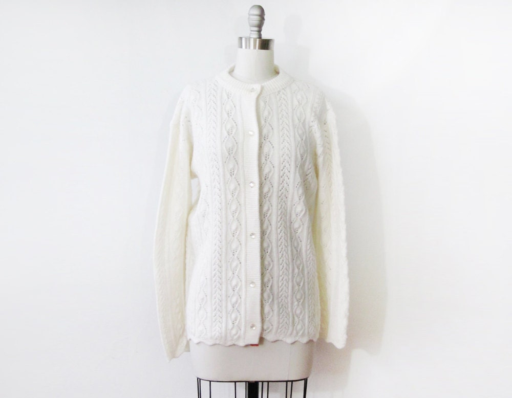 SALE white cardigan sweater / vintage 1960s pointelle knit cardigan sweater