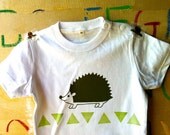 hedgehog tshirt. children tshirt. hand printed tshirt. hand stamped tshirt. limited edition.white. READY TO SHIP