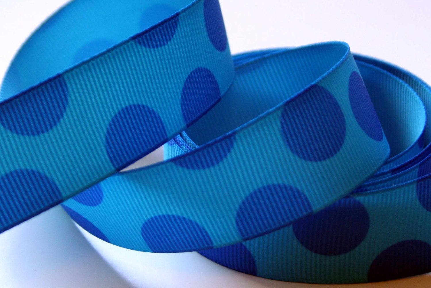 Turquoise Polka Dots on Blue 7/8" Grosgrain Ribbon - 1 Yard