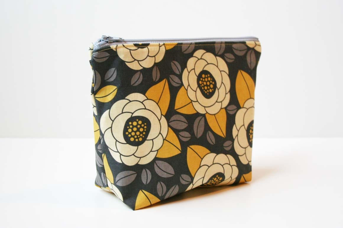 Zipper Pouch Cosmetic Bag - Gray Yellow Flowers - READY TO SHIP