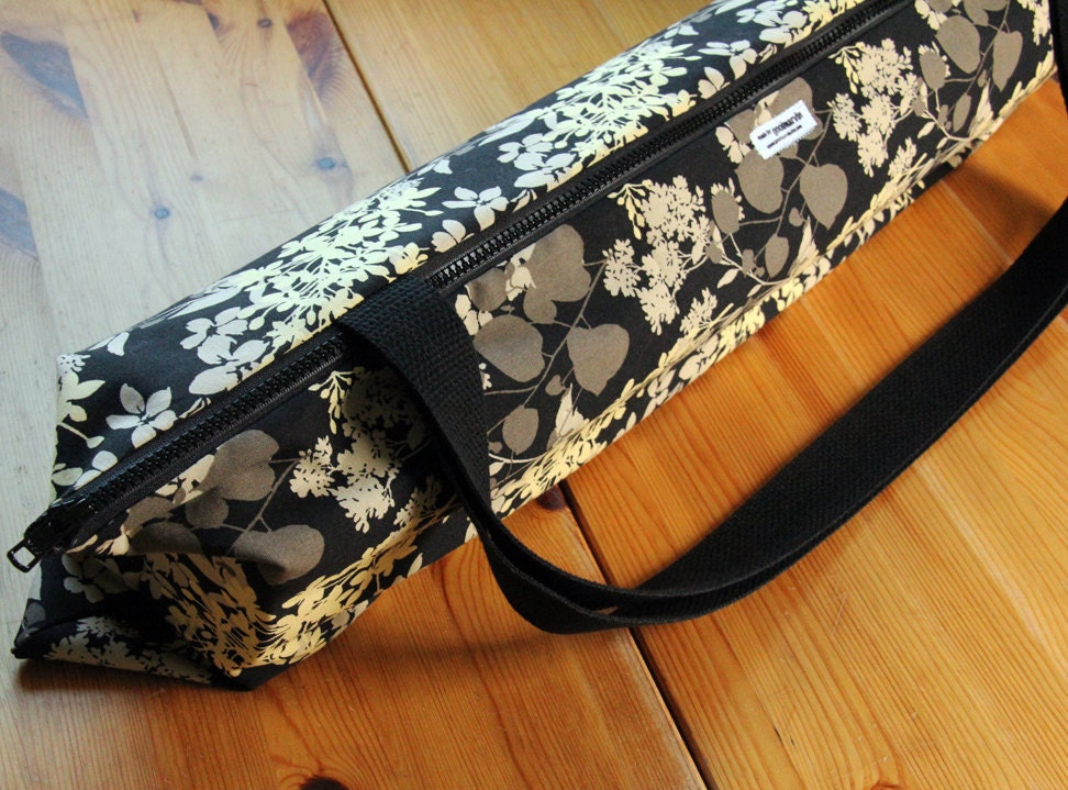 Yoga Bag with Zipper, Beige, Brown, and Yellow Floral on Black MADE TO ORDER
