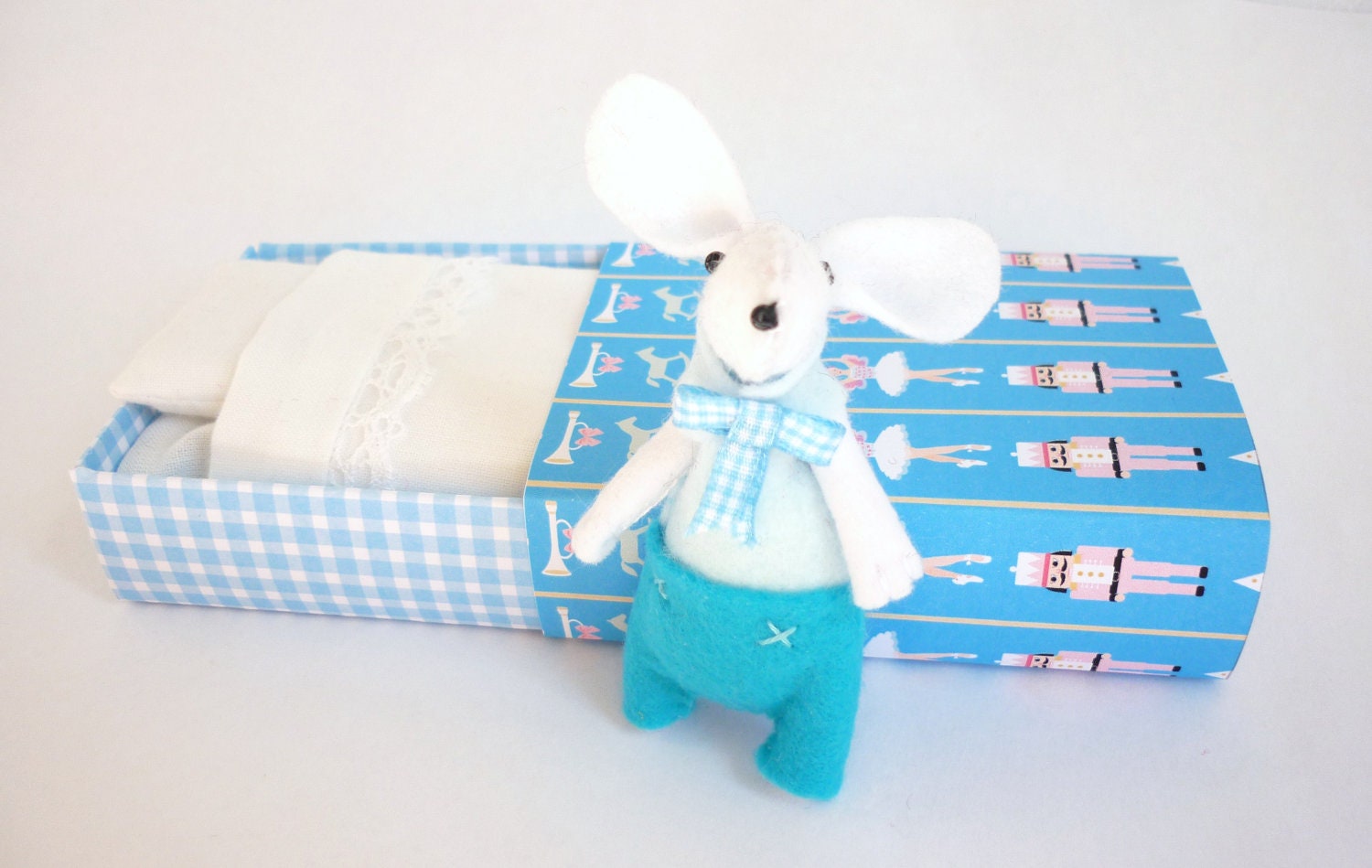 Light blue  miniature plush felt dancer mouse in match box