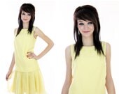 Mod Cocktail Dress 60s Yellow Sheer Party Drop Waist 1960s Formal Ruffle Pleated Skirt Prom Event Medium M