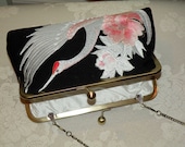 Silk Kimono Fabric Bag/Purse/Clutch..Embroidered Graceful Crane..Bridal Gift..Chrysanthemum..Ivory and pink on black..Ready to Ship