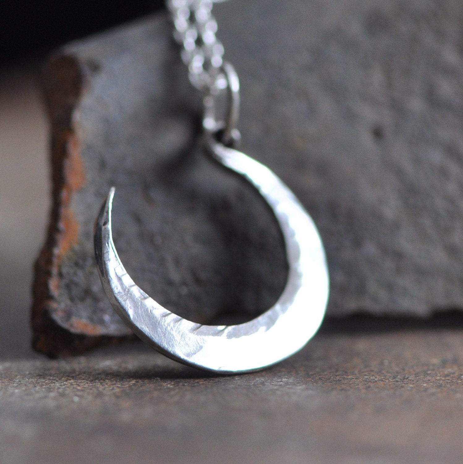 silver moon necklace, forged crescent moon, small moon pendant, shiny or darkened sterling silver