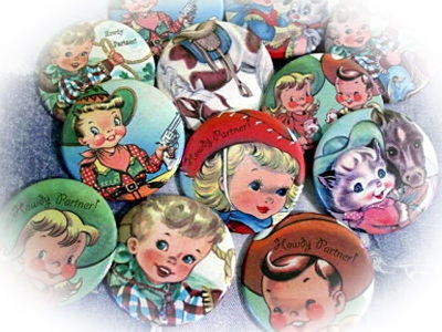 Cowboy and Cowgirl Vintage Children 2.25 Pinback buttons Set of 12  for Birthday Party Favors and Gifts
