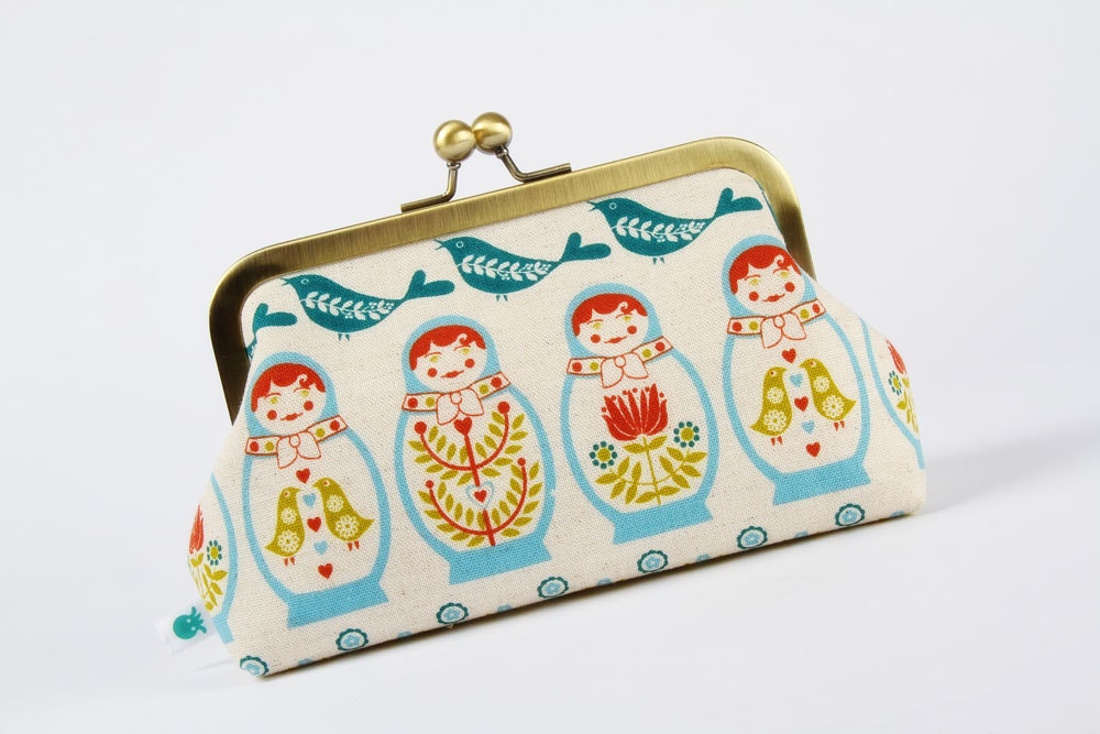Bag pouch - Blue and green matryoshkas - metal frame clutch bag