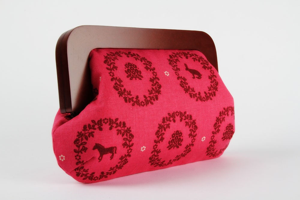 Cocktail pouch - Ornaments in pink - wooden frame clutch bag