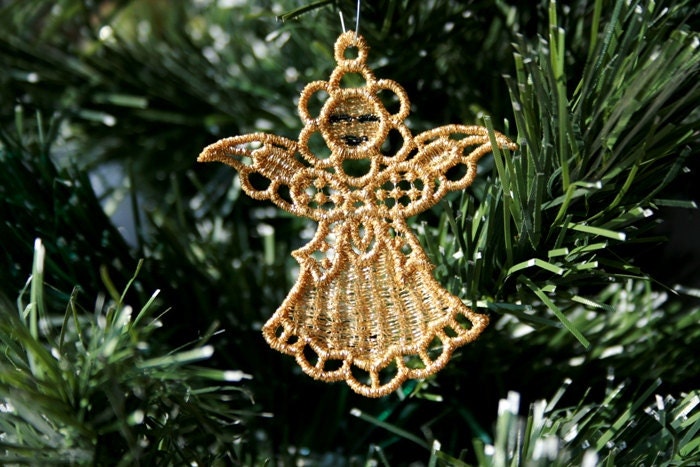ORNAMENT - Angel - Metallic Gold - Christmas - Holiday - Decoration - Free Standing Lace Embroidery