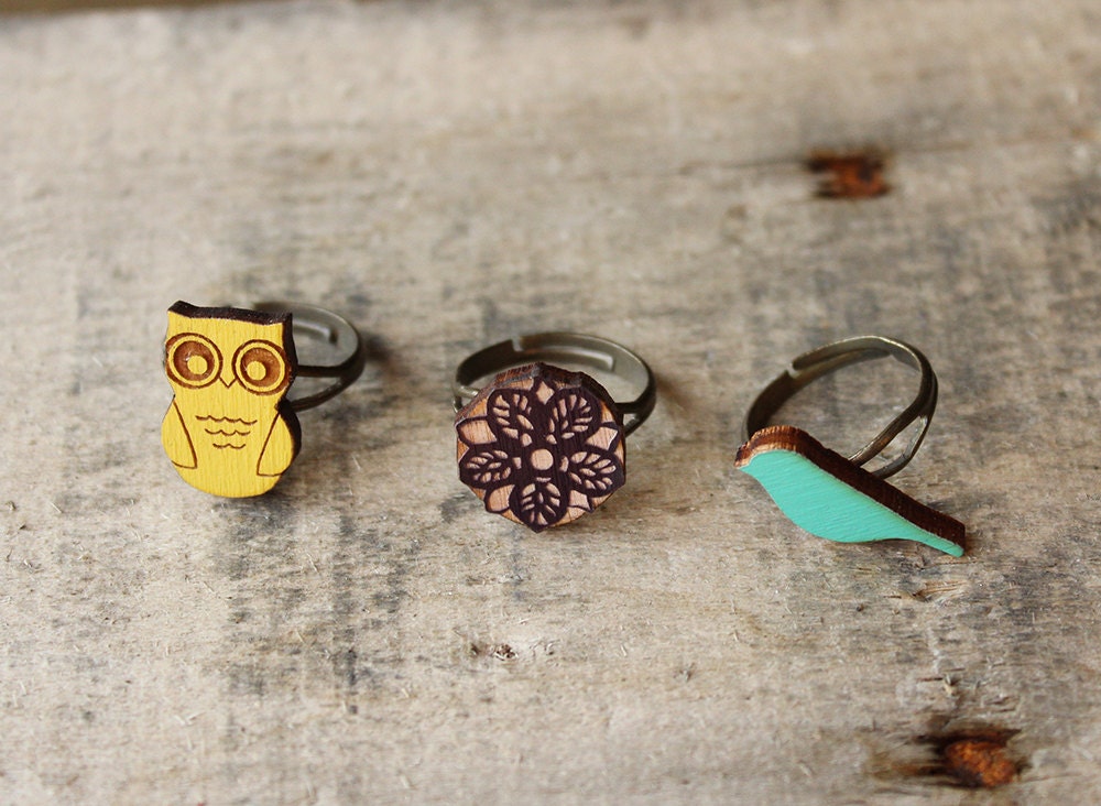 gift set adjustable rings with bird owl flower rings gift wrapped
