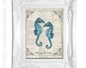 SEAHORSE LOVE beach wedding anniversary friendship art print on upcycled vintage dictionary text book page turquoise blue 8x10