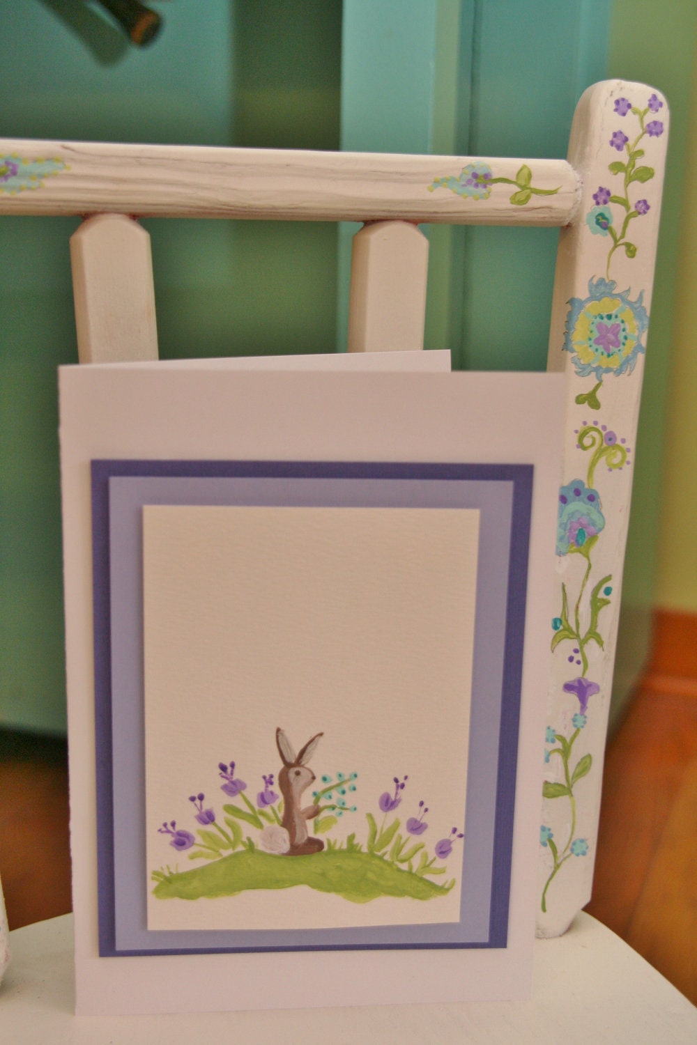 Hand Painted Bunny Easter Card Ready to be Personalized with child's monogram or first name