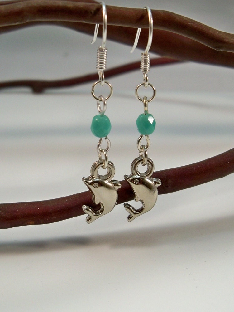 Earrings Dolphin Turquoise Colored Beads Silver Plated