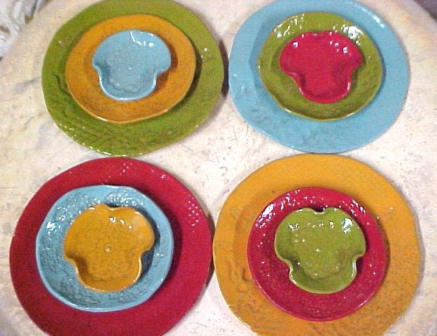Lot of 4 Sets Hand Built Sushi Appetizer Tapas Tidbit Plates ONE LOT READY Aqua Lime Red Wasabi Sauce Dish Lacy Textures Food Safe Unique