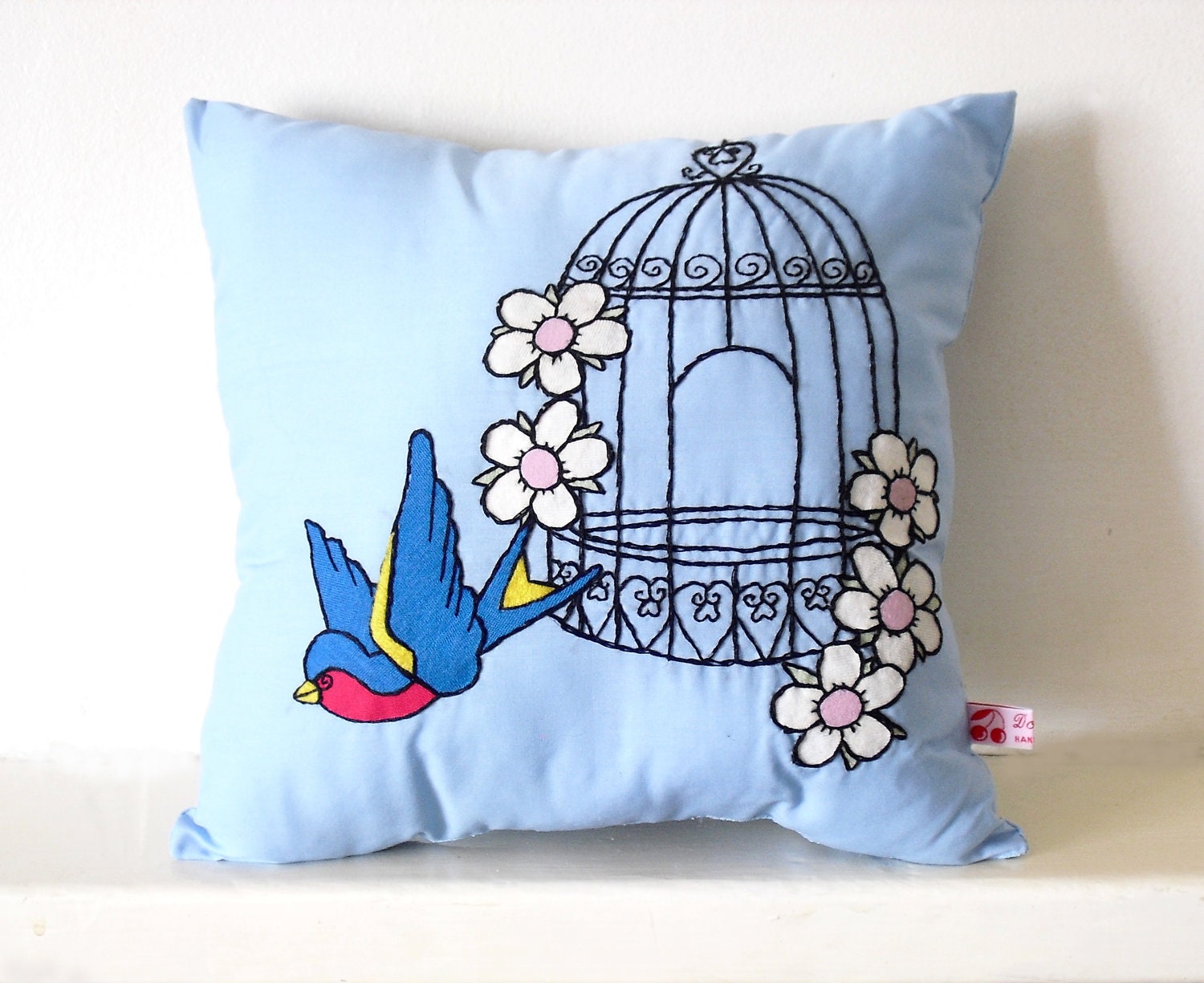 Appliqué Throw Pillow with Tattoo Style Birdcage and Swallow READY TO SHIP