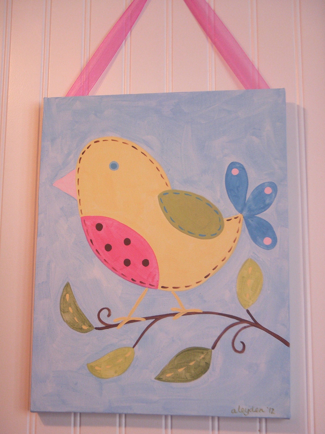 girl kid room decor..baby nursery wall art..original canvas painting..hand painted artwork..11 x 14 bird yellow tree "bea the birdie"