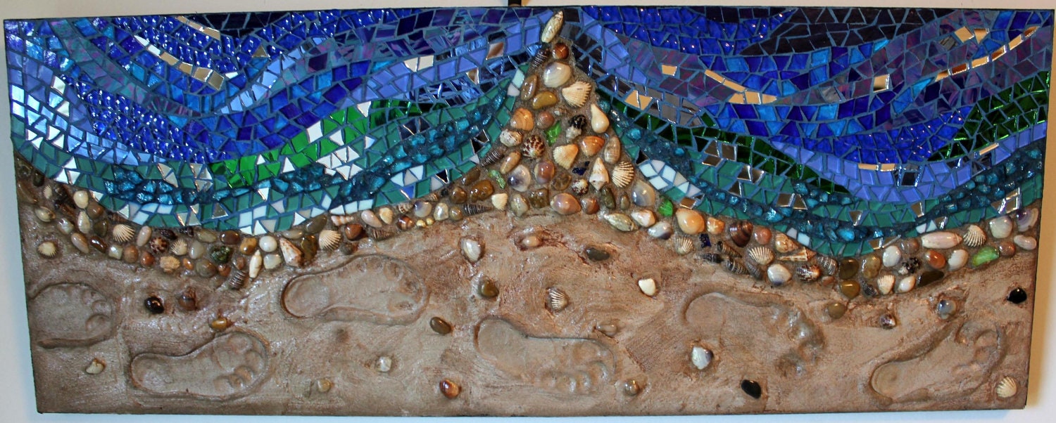 Mosaic, Mixed Media, Ocean Shoreline and Footprints
