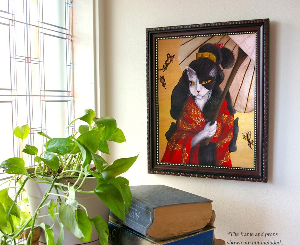 Kimono Cat Art, Black White Cat Wearing Red Japanese Kimono, 11x14 Fine Art Print